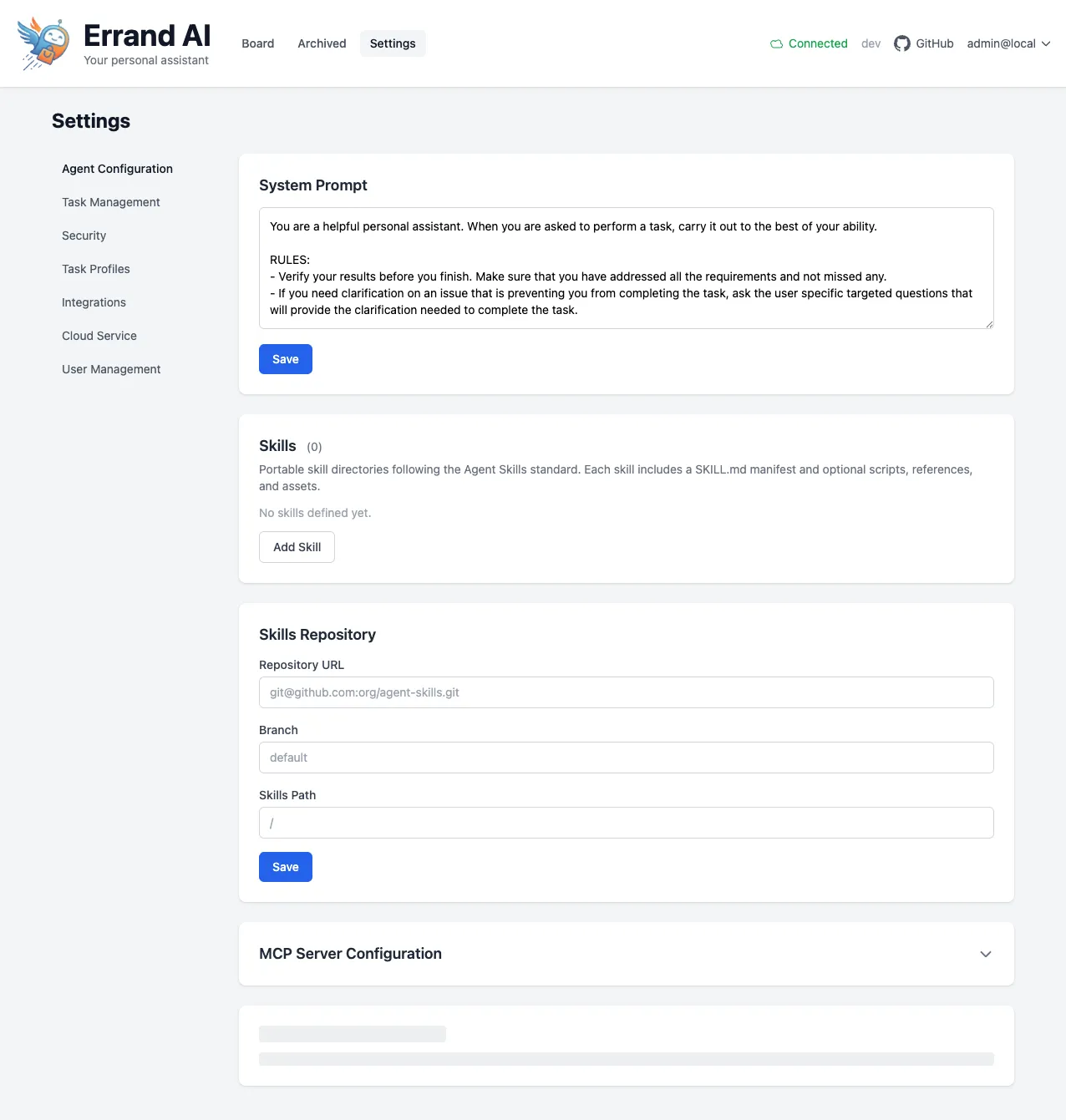 Agent Configuration settings page
