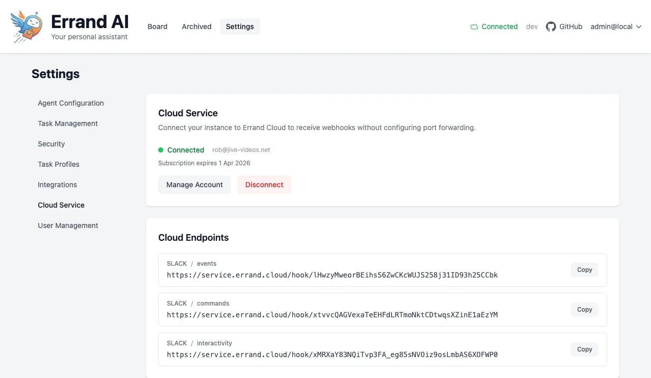 Cloud Service settings page
