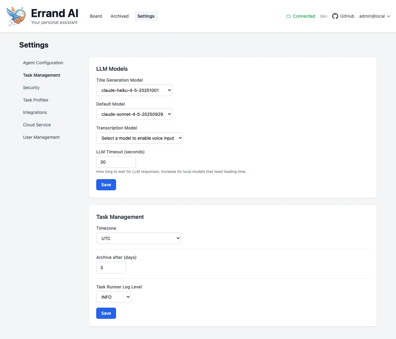 Task Management settings page