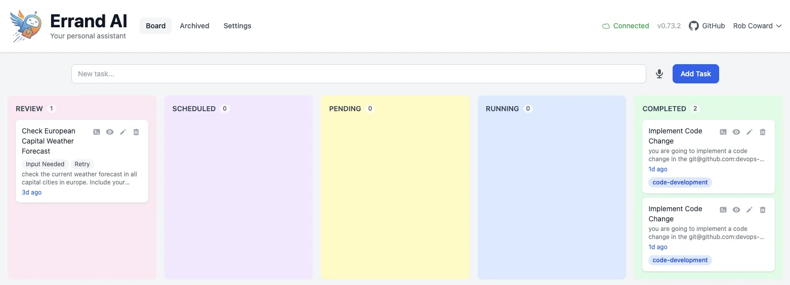 Errand task board showing tasks across Pending, Running, Completed, and Review columns